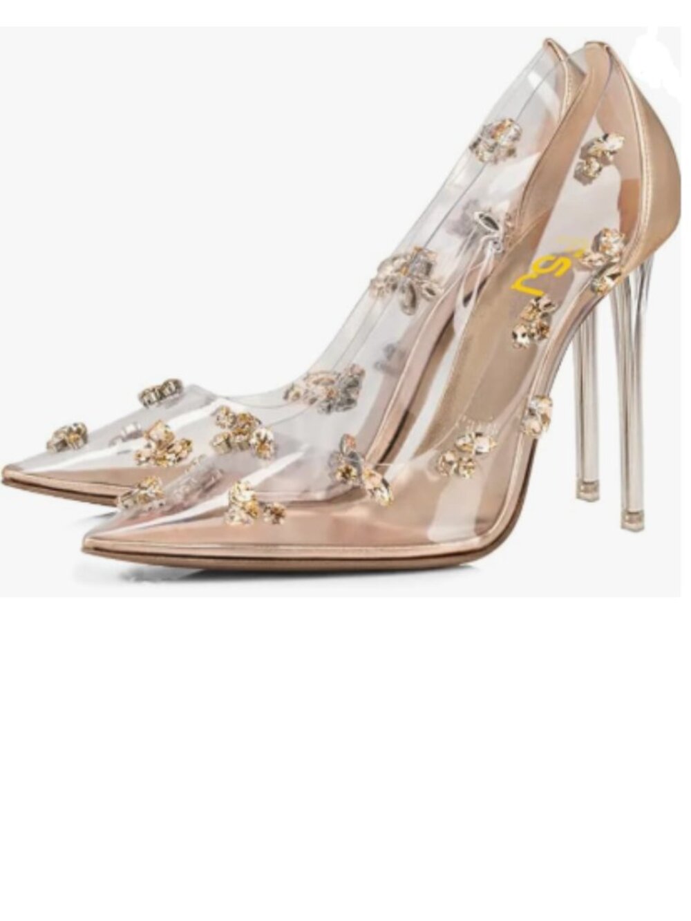 FSJ Champagne Studded Pointed Toe Transparent Pumps High Heels Shoes